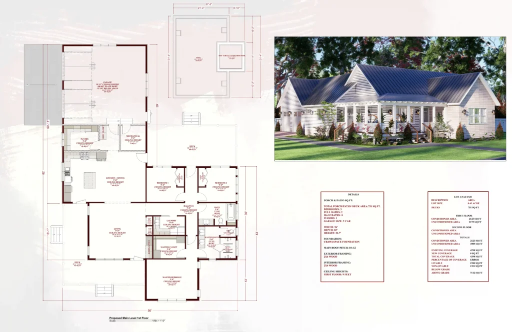 A detailed list of specifications for the ACB-031 house plan, including square footage, room counts, and dimensions