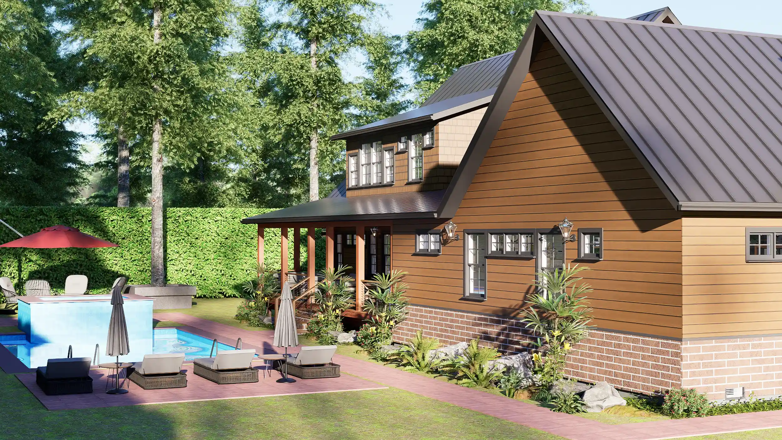 5 bedroom cottage house exterior design with pool