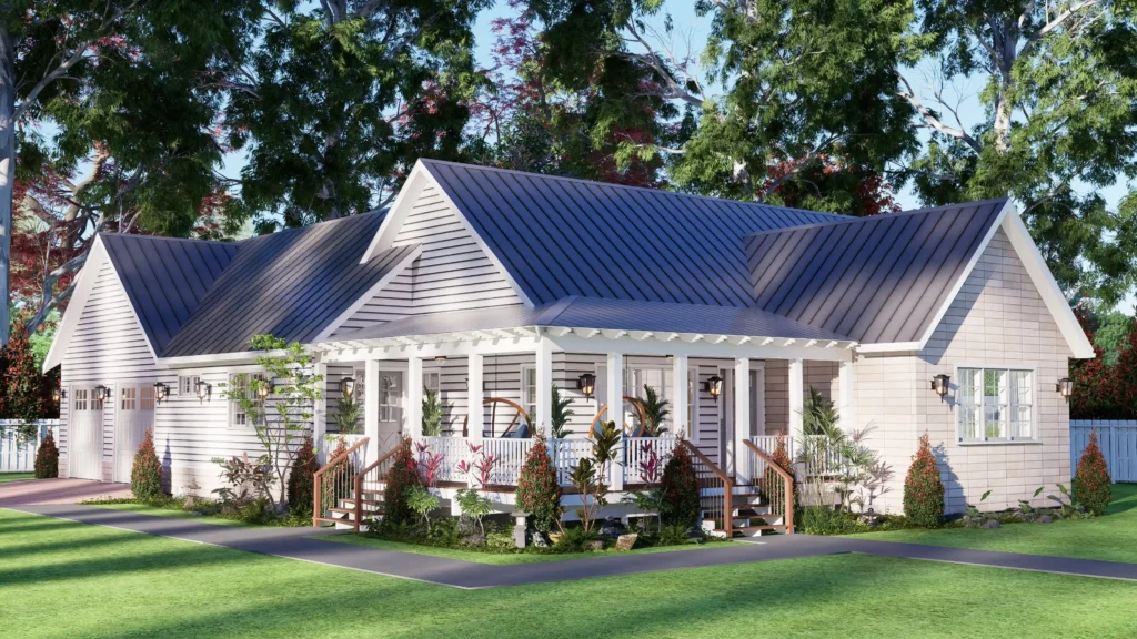Front exterior of the ACB-031 3-bedroom cottage house plan with a charming porch and gabled roof