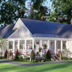 Front exterior of the ACB-031 3-bedroom cottage house plan with a charming porch and gabled roof