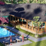 A 3D exterior rendering of a rustic-style cottage house floor plan, featuring teal siding, a large wrap-around wooden porch with chairs, a dark grey shingled roof with gables, and a lush, wooded landscape setting.