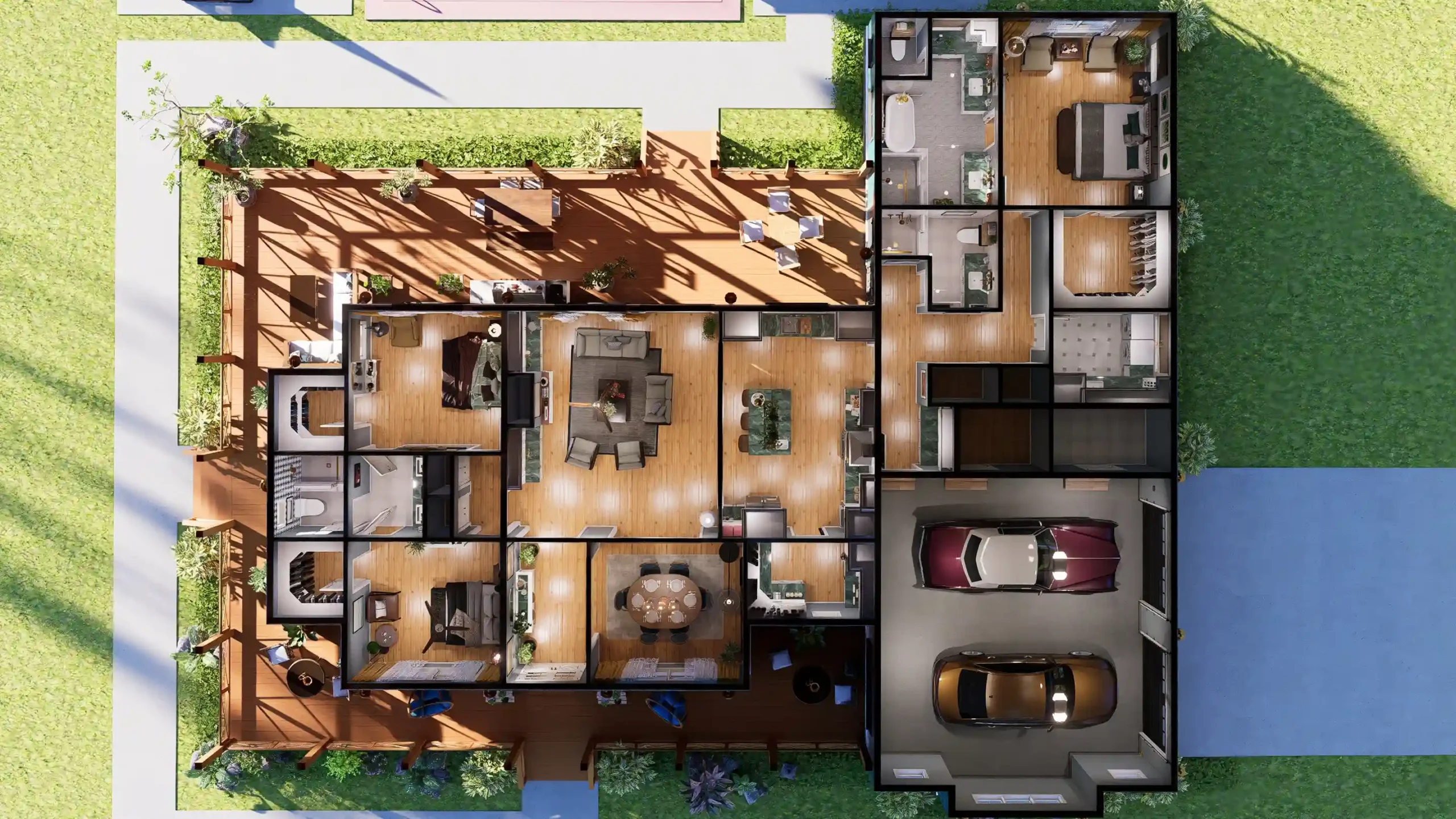 3d view of 3 bedroom cottage house plan