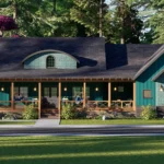 A 3D exterior rendering of a rustic-style cottage house floor plan, featuring teal siding, a large wrap-around wooden porch with chairs, a dark grey shingled roof with gables, and a lush, wooded landscape setting.
