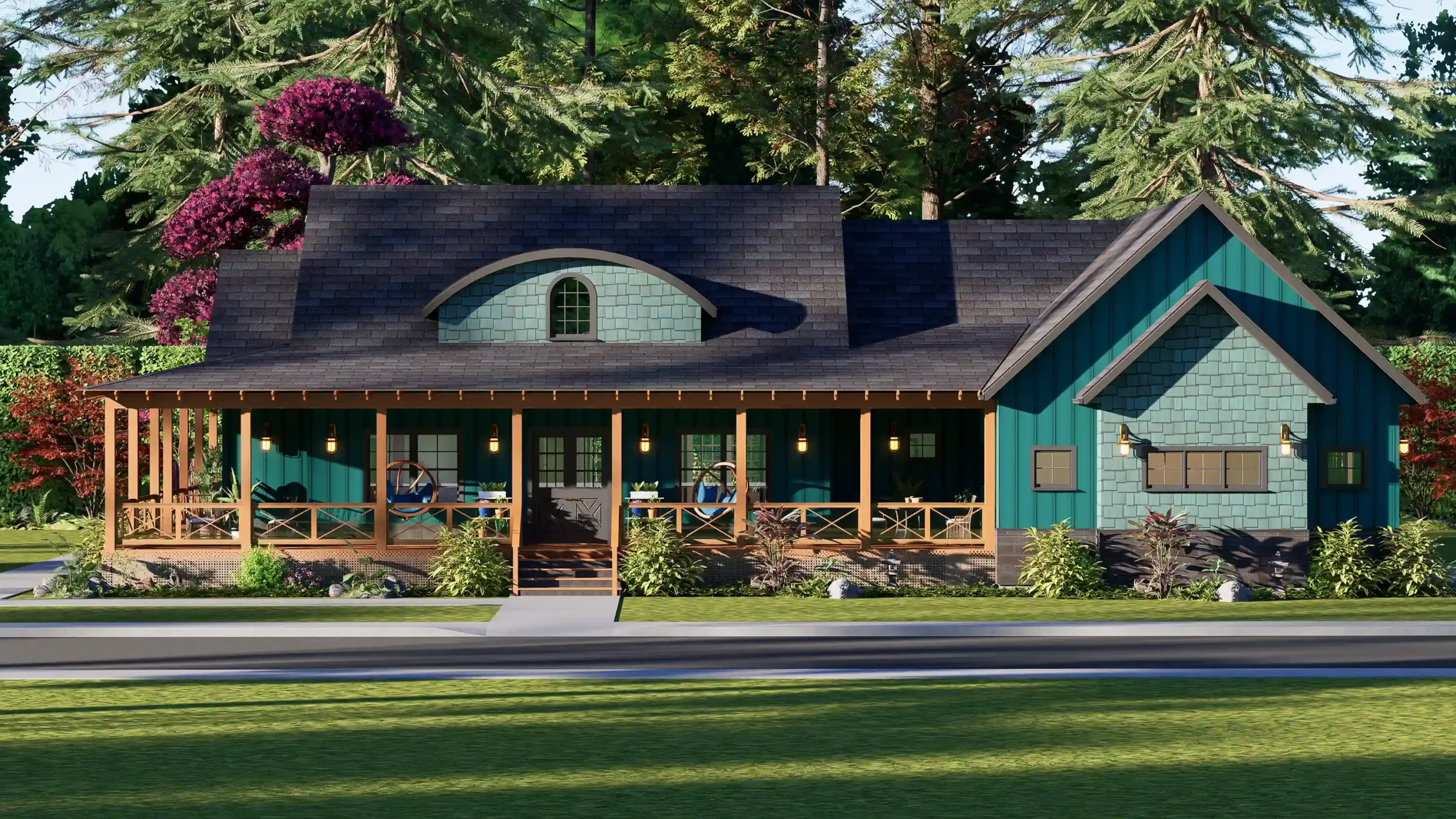 A 3D exterior rendering of a rustic-style cottage house floor plan, featuring teal siding, a large wrap-around wooden porch with chairs, a dark grey shingled roof with gables, and a lush, wooded landscape setting.