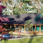 A 3D exterior rendering of a rustic-style cottage house floor plan, featuring teal siding, a large wrap-around wooden porch with chairs, a dark grey shingled roof with gables, and a lush, wooded landscape setting.