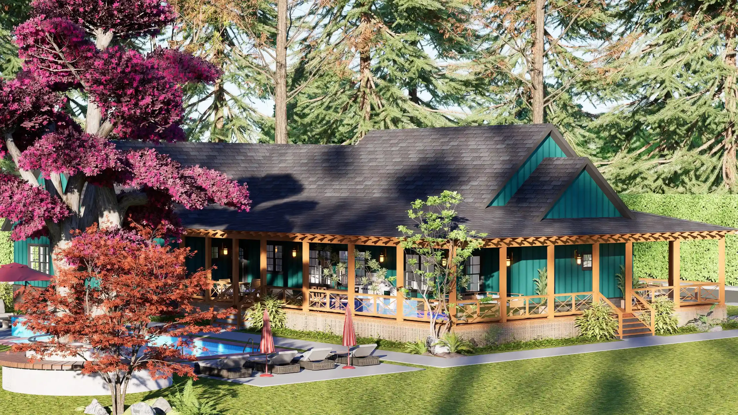 A 3D exterior rendering of a rustic-style cottage house floor plan, featuring teal siding, a large wrap-around wooden porch with chairs, a dark grey shingled roof with gables, and a lush, wooded landscape setting.
