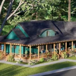 A 3D exterior rendering of a rustic-style cottage house floor plan, featuring teal siding, a large wrap-around wooden porch with chairs, a dark grey shingled roof with gables, and a lush, wooded landscape setting.