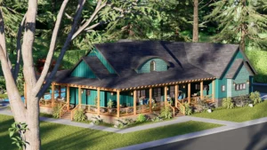 A 3D exterior rendering of a rustic-style cottage house floor plan, featuring teal siding, a large wrap-around wooden porch with chairs, a dark grey shingled roof with gables, and a lush, wooded landscape setting.