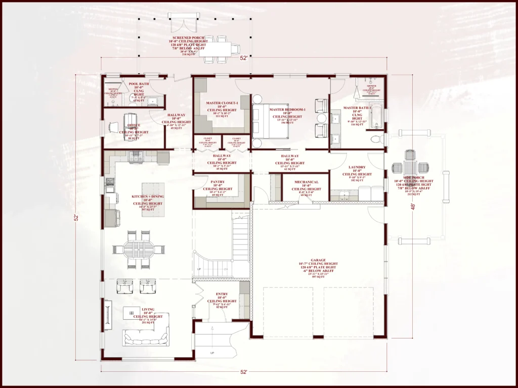 First floor plan of 3 bedroom cottage house with open living room, kitchen and dining area, master bedroom, pantry, laundry, office, and two car garage