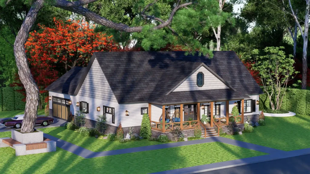 3D architectural rendering of a modern craftsman-style house plan featuring a large covered front porch, white horizontal siding, and a dark grey shingle roof surrounded by lush green landscaping