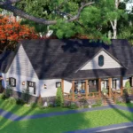 3D architectural rendering of a modern craftsman-style house plan featuring a large covered front porch, white horizontal siding, and a dark grey shingle roof surrounded by lush green landscaping
