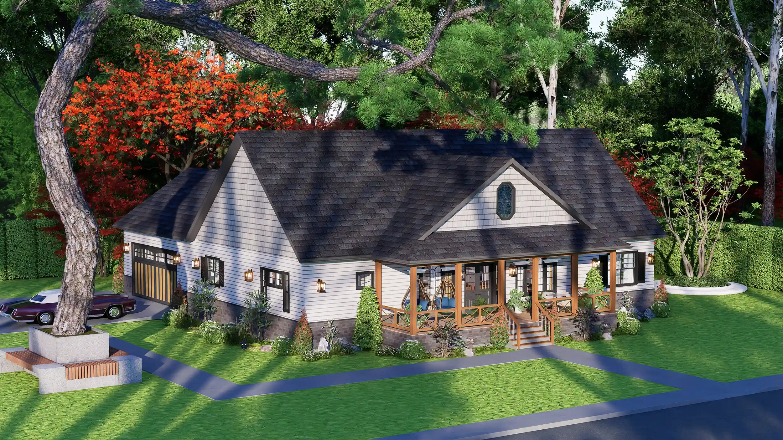 3D architectural rendering of a modern craftsman-style house plan featuring a large covered front porch, white horizontal siding, and a dark grey shingle roof surrounded by lush green landscaping