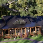 Exterior view of a modern 3-bedroom farmhouse with black vertical siding, a large wooden wraparound porch, and a dark metal roof