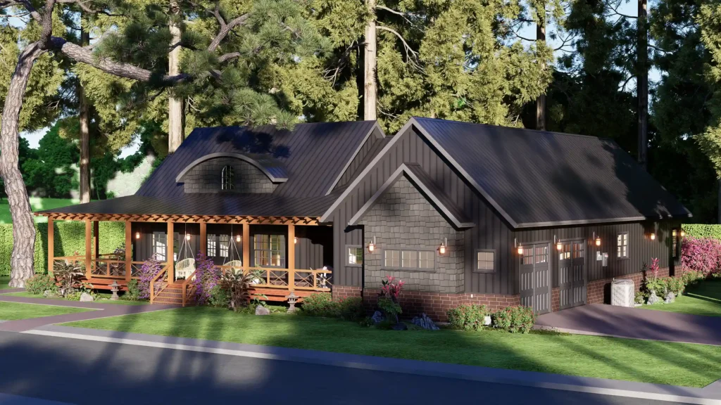 Exterior view of a modern 3-bedroom farmhouse with black vertical siding, a large wooden wraparound porch, and a dark metal roof