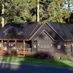 Exterior view of a modern 3-bedroom farmhouse with black vertical siding, a large wooden wraparound porch, and a dark metal roof