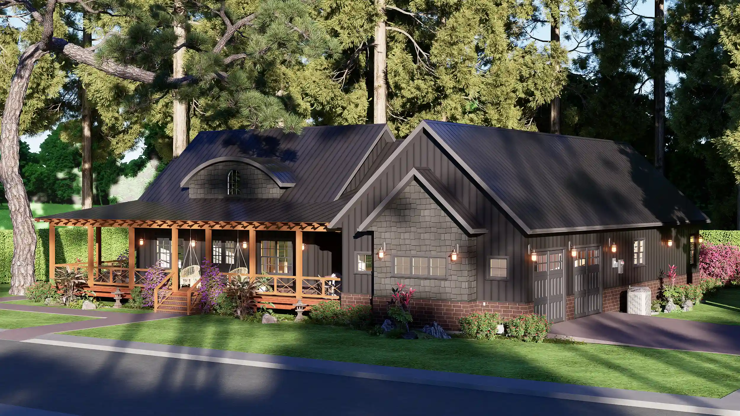 Exterior view of a modern 3-bedroom farmhouse with black vertical siding, a large wooden wraparound porch, and a dark metal roof