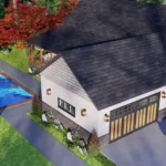 3D architectural rendering of a modern craftsman-style house plan featuring a large covered front porch, white horizontal siding, and a dark grey shingle roof surrounded by lush green landscaping