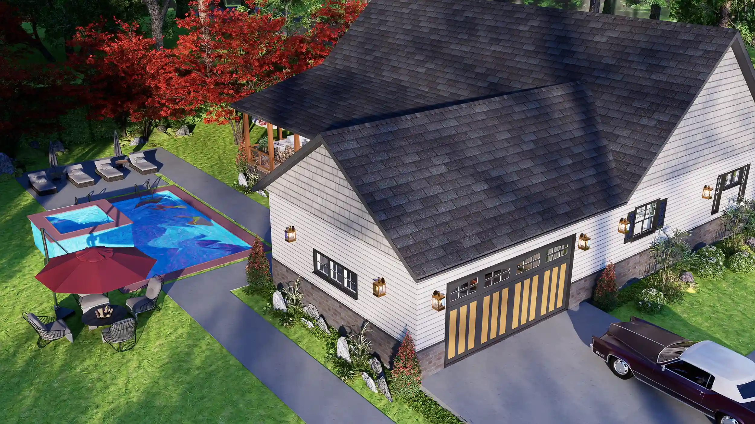 3D architectural rendering of a modern craftsman-style house plan featuring a large covered front porch, white horizontal siding, and a dark grey shingle roof surrounded by lush green landscaping