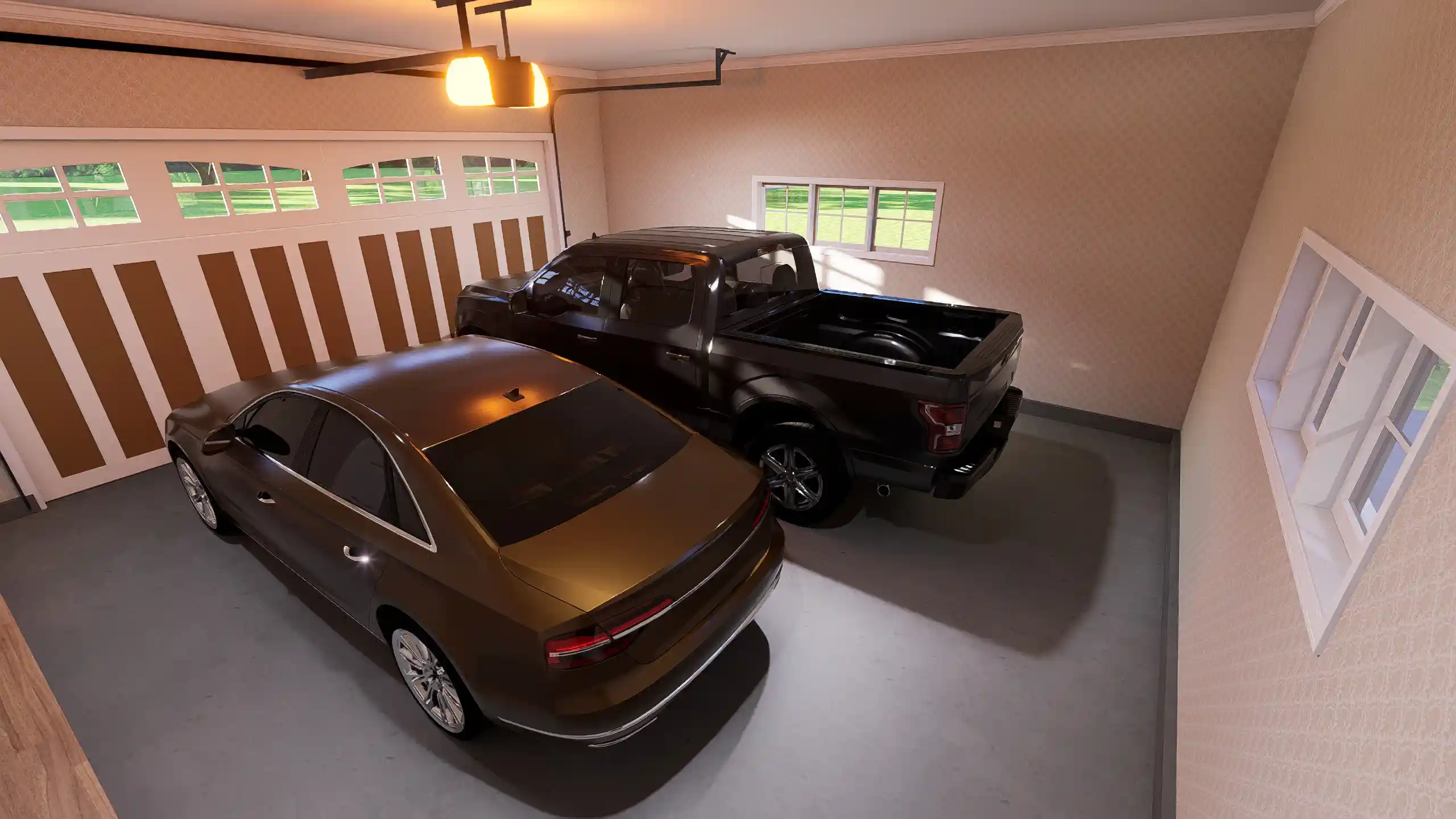 a spacious 2-car garage with modern black doors, built-in storage cabinets, and a durable grey epoxy floor