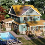 Custom home plan with a unique teal and stone exterior, available as a detailed 2-story floor plan