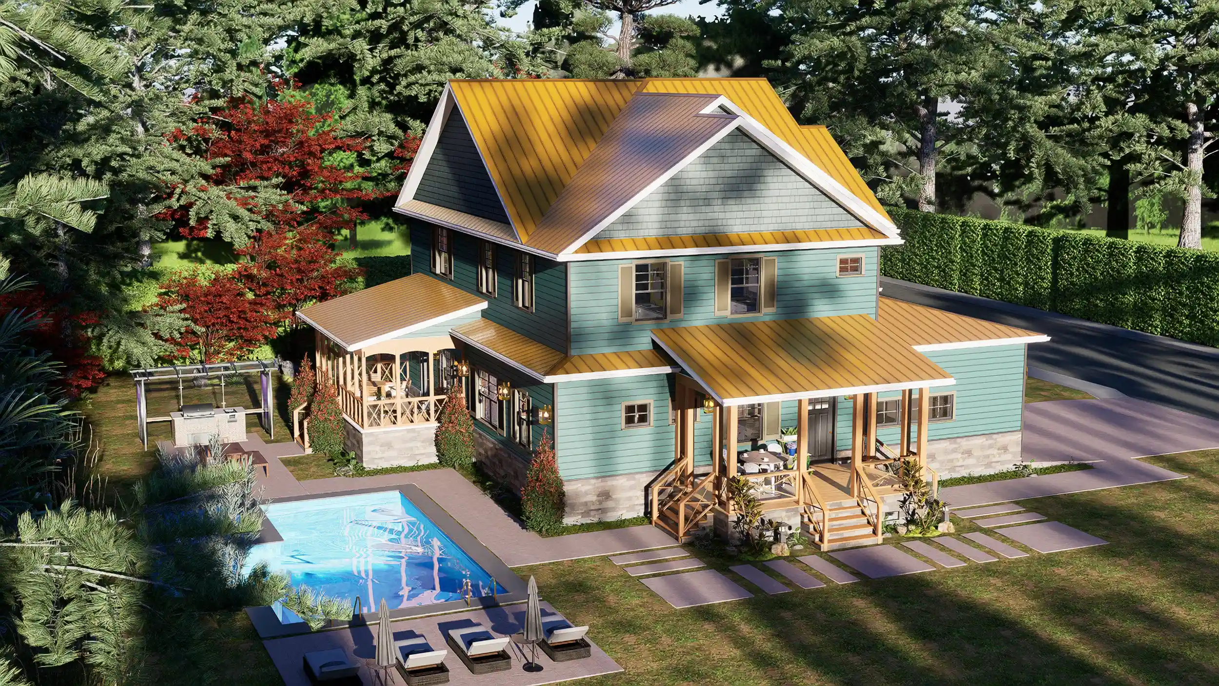 Custom home plan with a unique teal and stone exterior, available as a detailed 2-story floor plan