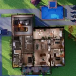 Top-down 3D floor plan rendering of a modern ranch-style home featuring an open-concept living area, two-car garage, and a backyard oasis with a swimming pool and patio.