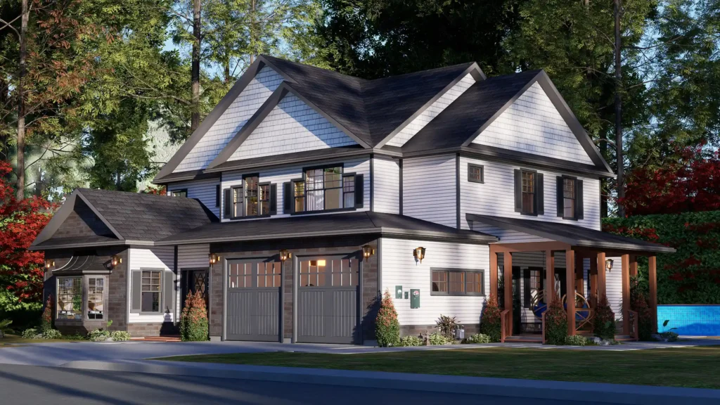 3 bedroom cottage house exterior with covered front porch, two car garage, gable roof, white siding, and forest surroundings