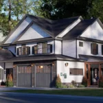 3 bedroom cottage house exterior with covered front porch, two car garage, gable roof, white siding, and forest surroundings