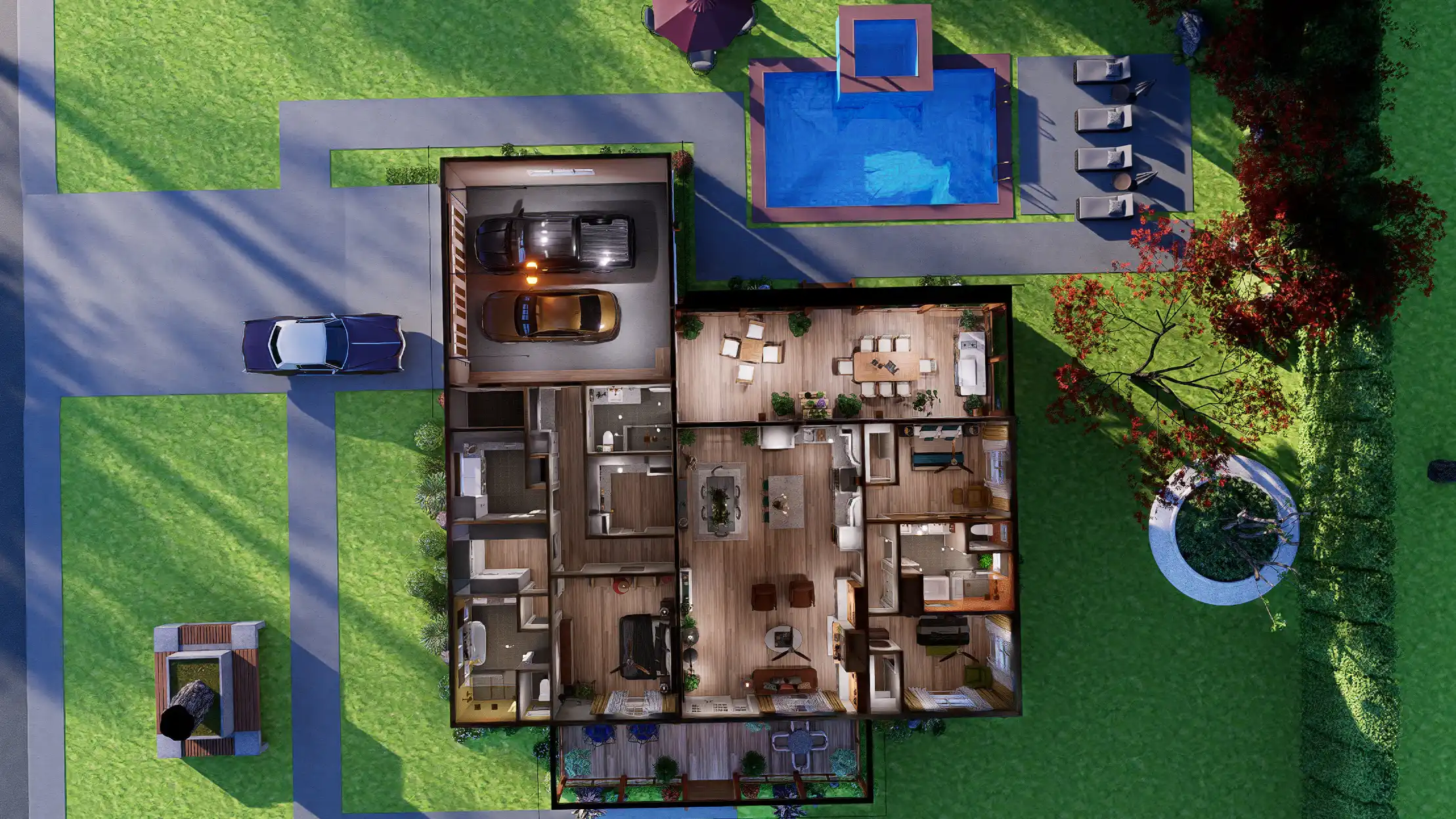 Top-down 3D floor plan rendering of a modern ranch-style home featuring an open-concept living area, two-car garage, and a backyard oasis with a swimming pool and patio.