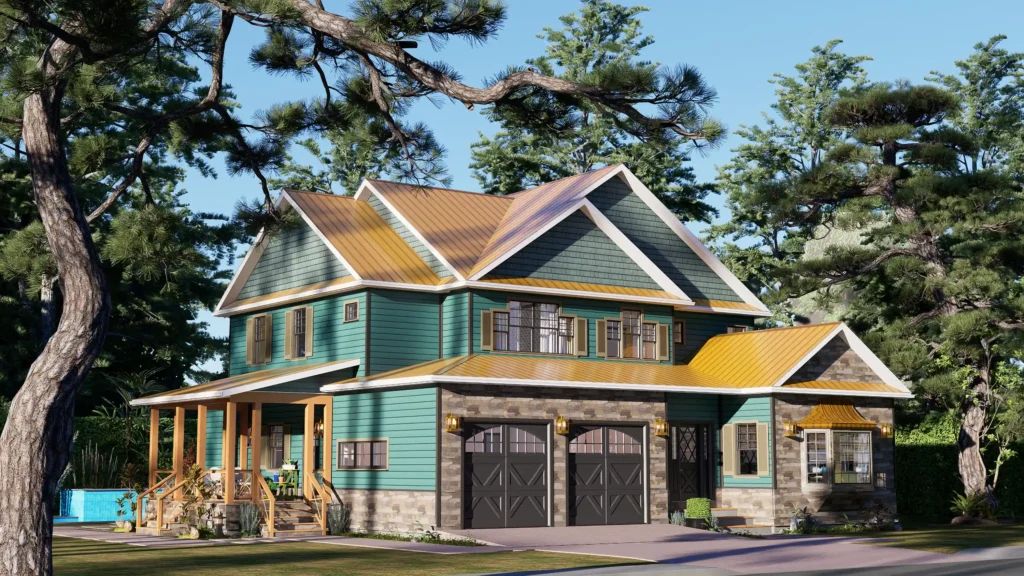 Exterior view of a two-story, 3 bedroom 5 bathroom house plan with teal siding and a stone facade