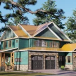 Exterior view of a two-story, 3 bedroom 5 bathroom house plan with teal siding and a stone facade