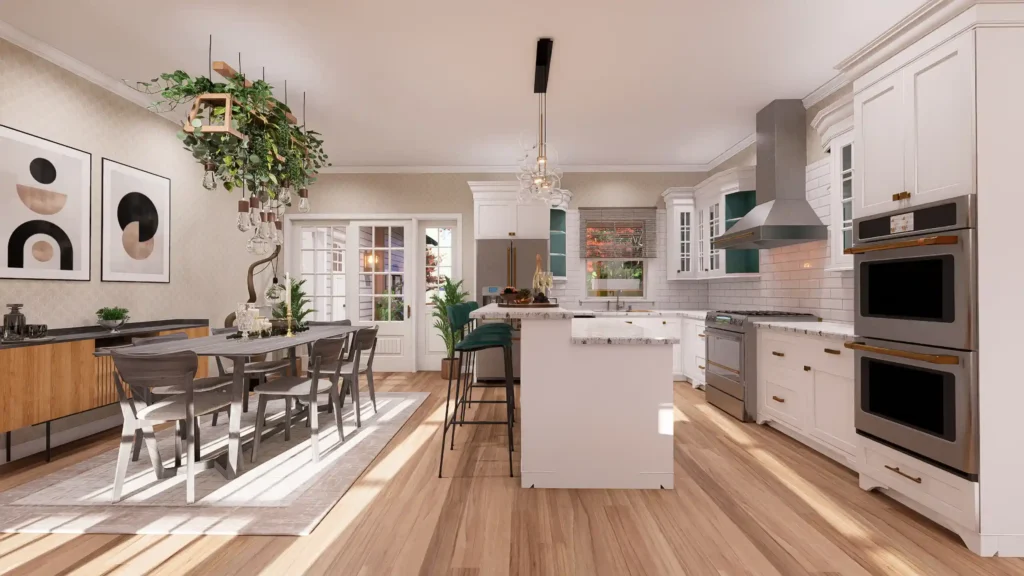 Bright and airy open-concept kitchen with white cabinetry, stainless steel appliances, and a central wooden breakfast bar with seating