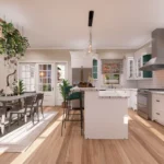 Bright and airy open-concept kitchen with white cabinetry, stainless steel appliances, and a central wooden breakfast bar with seating