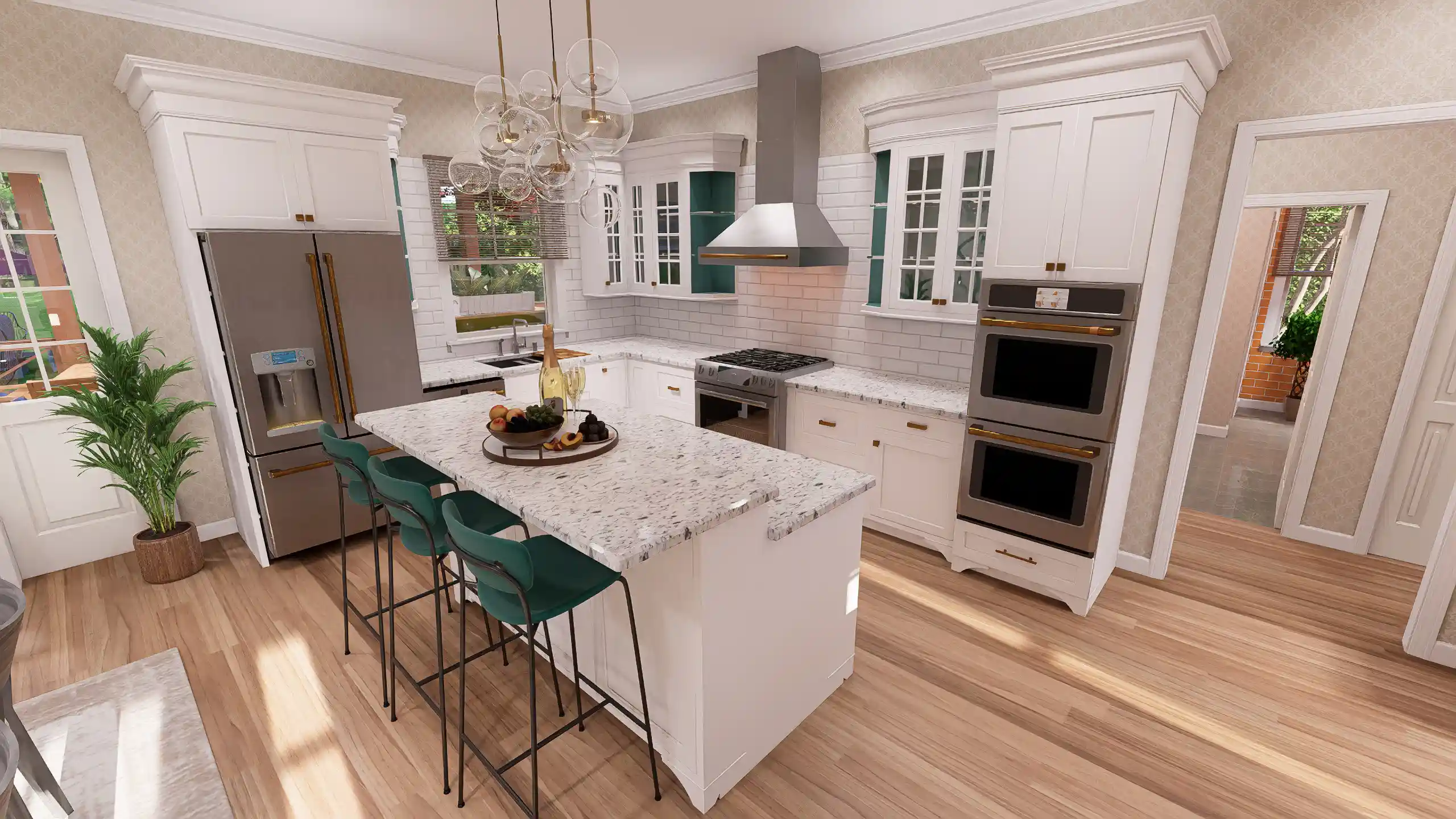 Bright and airy open-concept kitchen with white cabinetry, stainless steel appliances, and a central wooden breakfast bar with seating