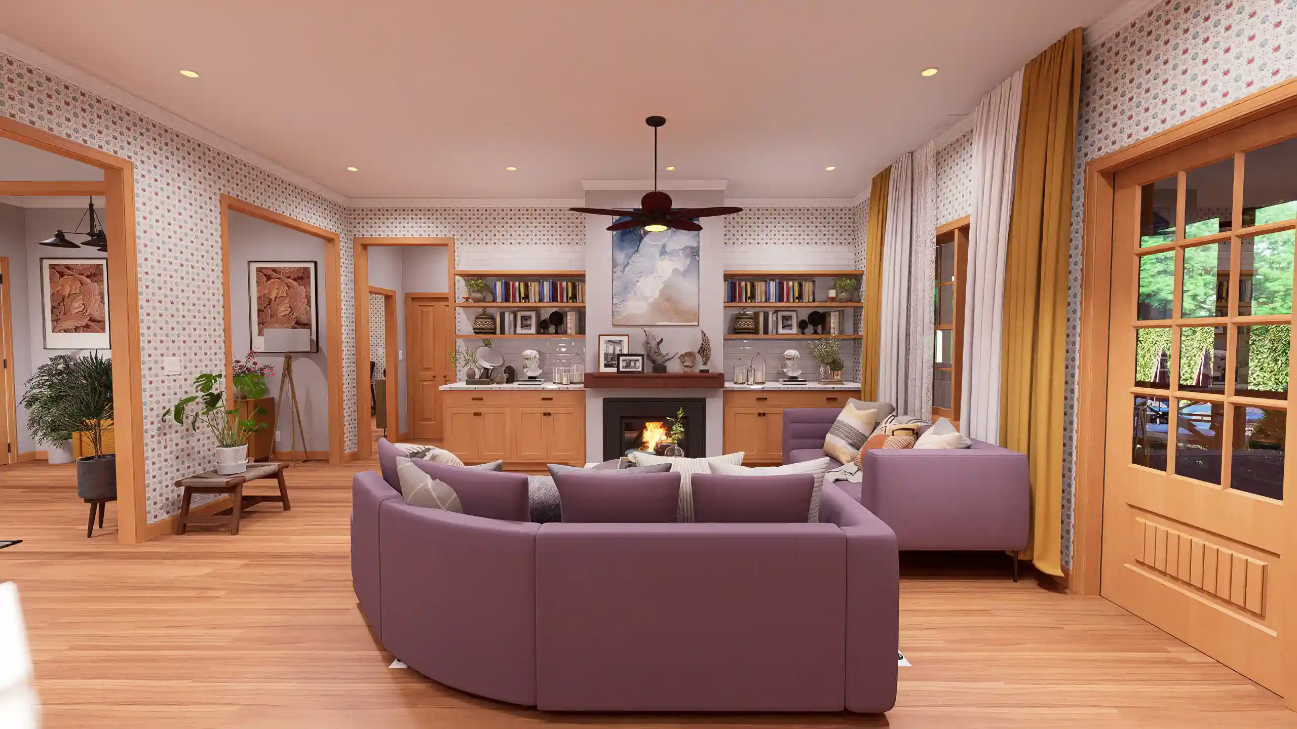 Interior of a cozy 3-bedroom cottage living area featuring modern lavender sofas, a warm glowing fireplace with a wood mantel, and light wood built-in cabinetry. The room is decorated with patterned wallpaper, mustard yellow curtains, and a large dark wood ceiling fan over hardwood floors.