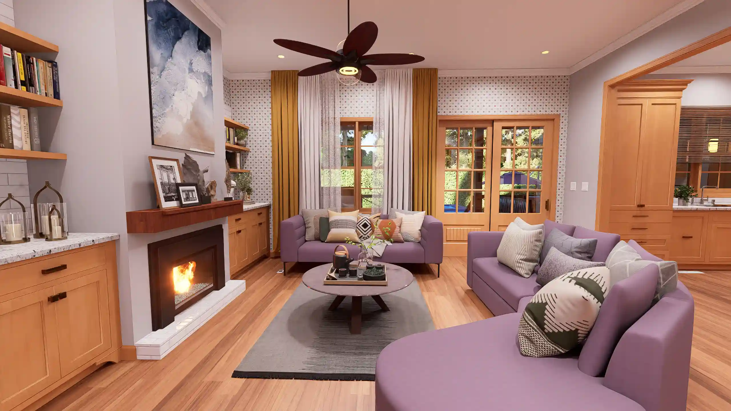 Interior of a cozy 3-bedroom cottage living area featuring modern lavender sofas, a warm glowing fireplace with a wood mantel, and light wood built-in cabinetry. The room is decorated with patterned wallpaper, mustard yellow curtains, and a large dark wood ceiling fan over hardwood floors.