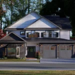3 bedroom cottage house exterior with covered front porch, two car garage, gable roof, white siding, and forest surroundings