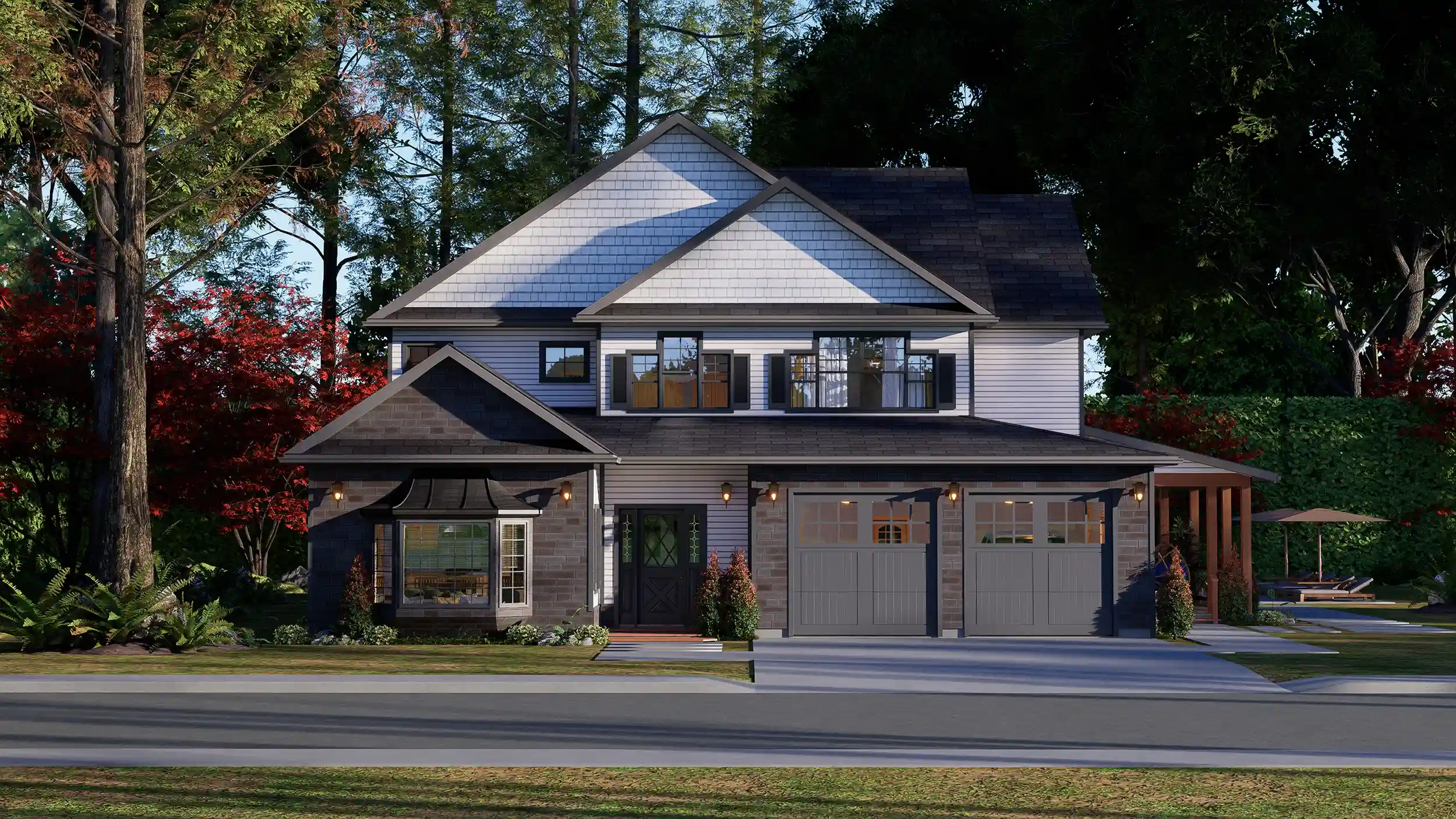 3 bedroom cottage house exterior with covered front porch, two car garage, gable roof, white siding, and forest surroundings