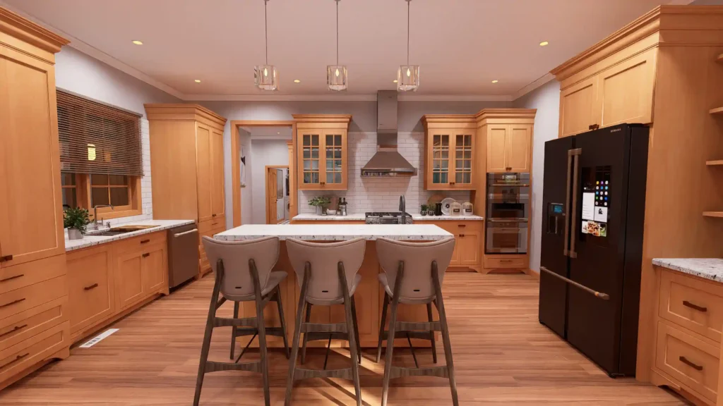 A modern cottage kitchen featuring shaker-style light wood cabinets, white subway tile backsplash, and white granite countertops. The space includes a large kitchen island with seating, a double oven range with a stainless steel hood, and warm hardwood flooring