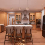 A modern cottage kitchen featuring shaker-style light wood cabinets, white subway tile backsplash, and white granite countertops. The space includes a large kitchen island with seating, a double oven range with a stainless steel hood, and warm hardwood flooring
