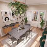 Bright and airy open-concept kitchen with white cabinetry, stainless steel appliances, and a central wooden breakfast bar with seating