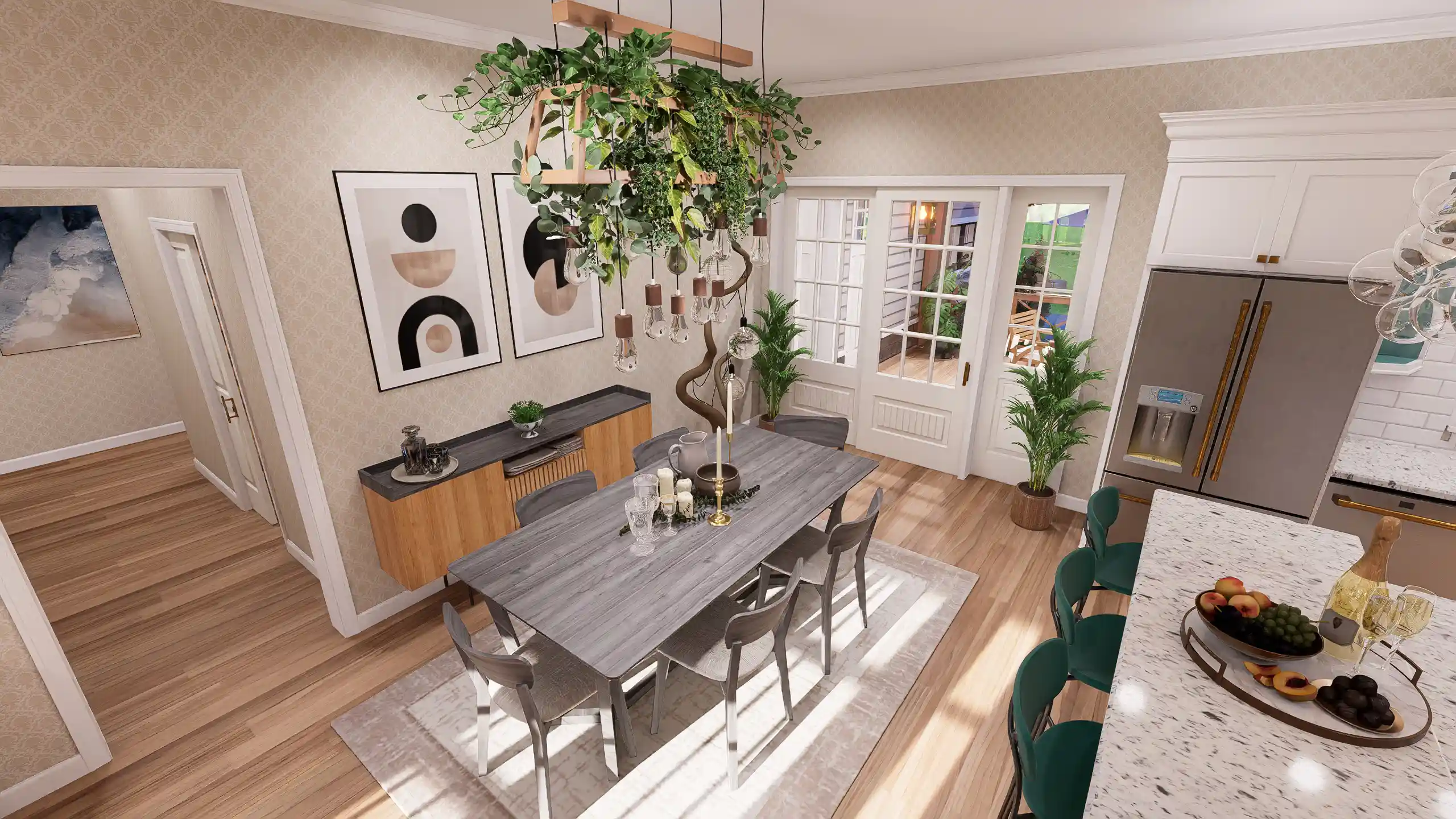 Bright and airy open-concept kitchen with white cabinetry, stainless steel appliances, and a central wooden breakfast bar with seating