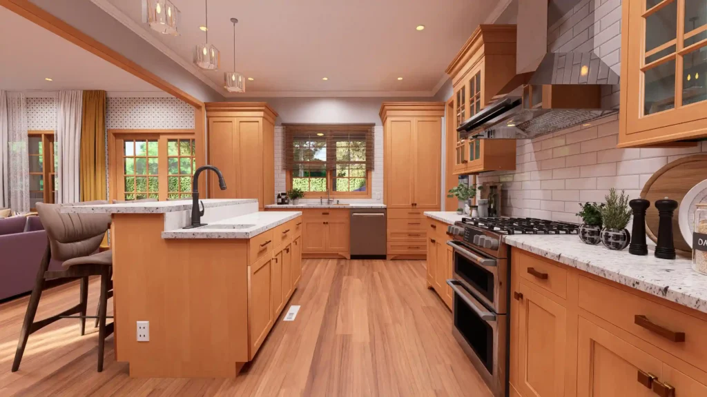 A modern cottage kitchen featuring shaker-style light wood cabinets, white subway tile backsplash, and white granite countertops. The space includes a large kitchen island with seating, a double oven range with a stainless steel hood, and warm hardwood flooring