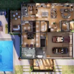 Rustic modern 3 bed 5 bath home design featuring a gold metal roof and a two-car garage