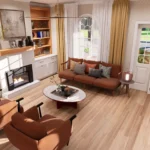 Mid-century modern living room interior rendering featuring burnt orange armchairs, a large gallery wall with botanical prints, and a stylish black arched floor lamp