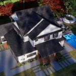 3 bedroom cottage house exterior with covered front porch, two car garage, gable roof, white siding, and forest surroundings