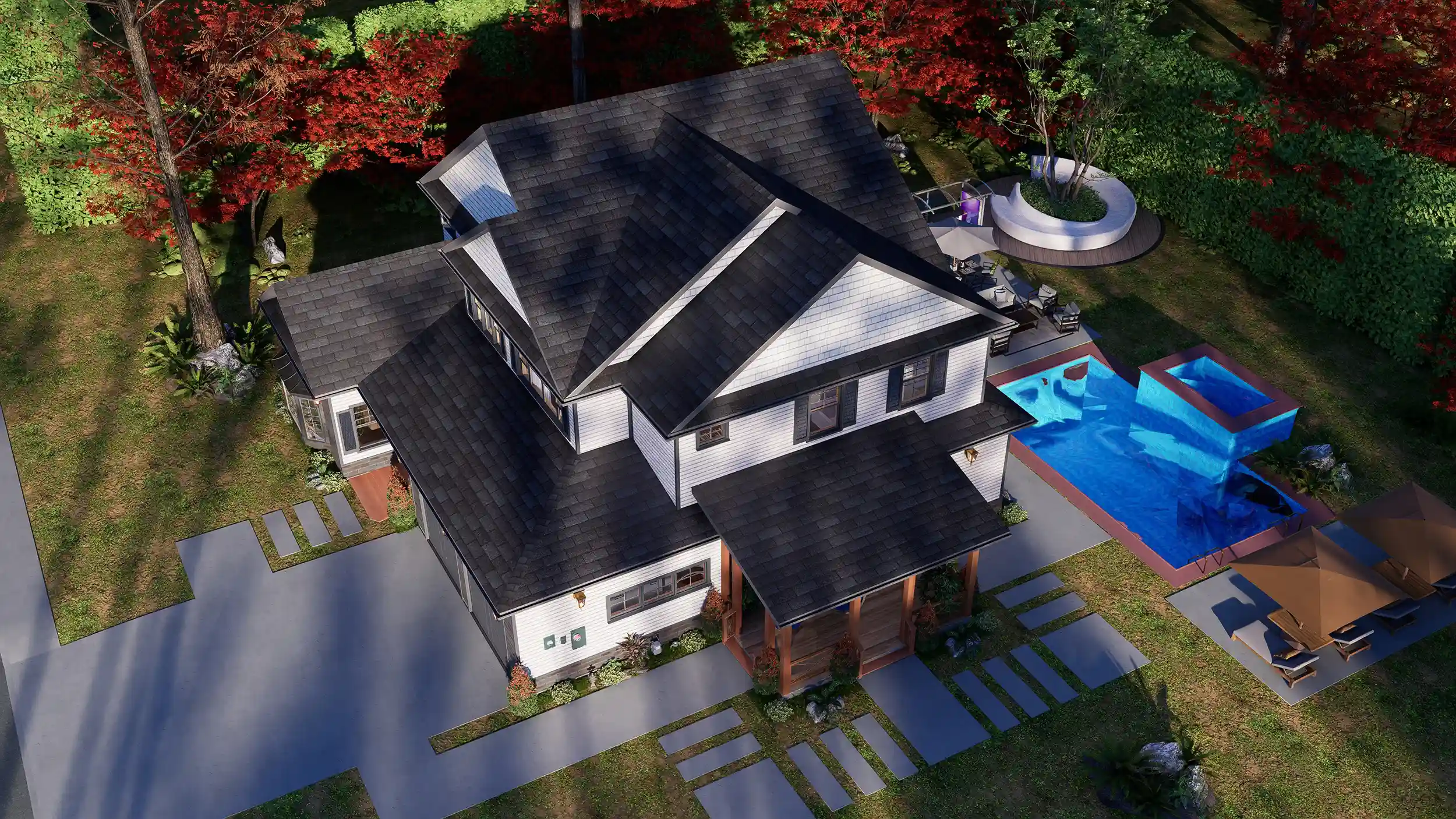 3 bedroom cottage house exterior with covered front porch, two car garage, gable roof, white siding, and forest surroundings