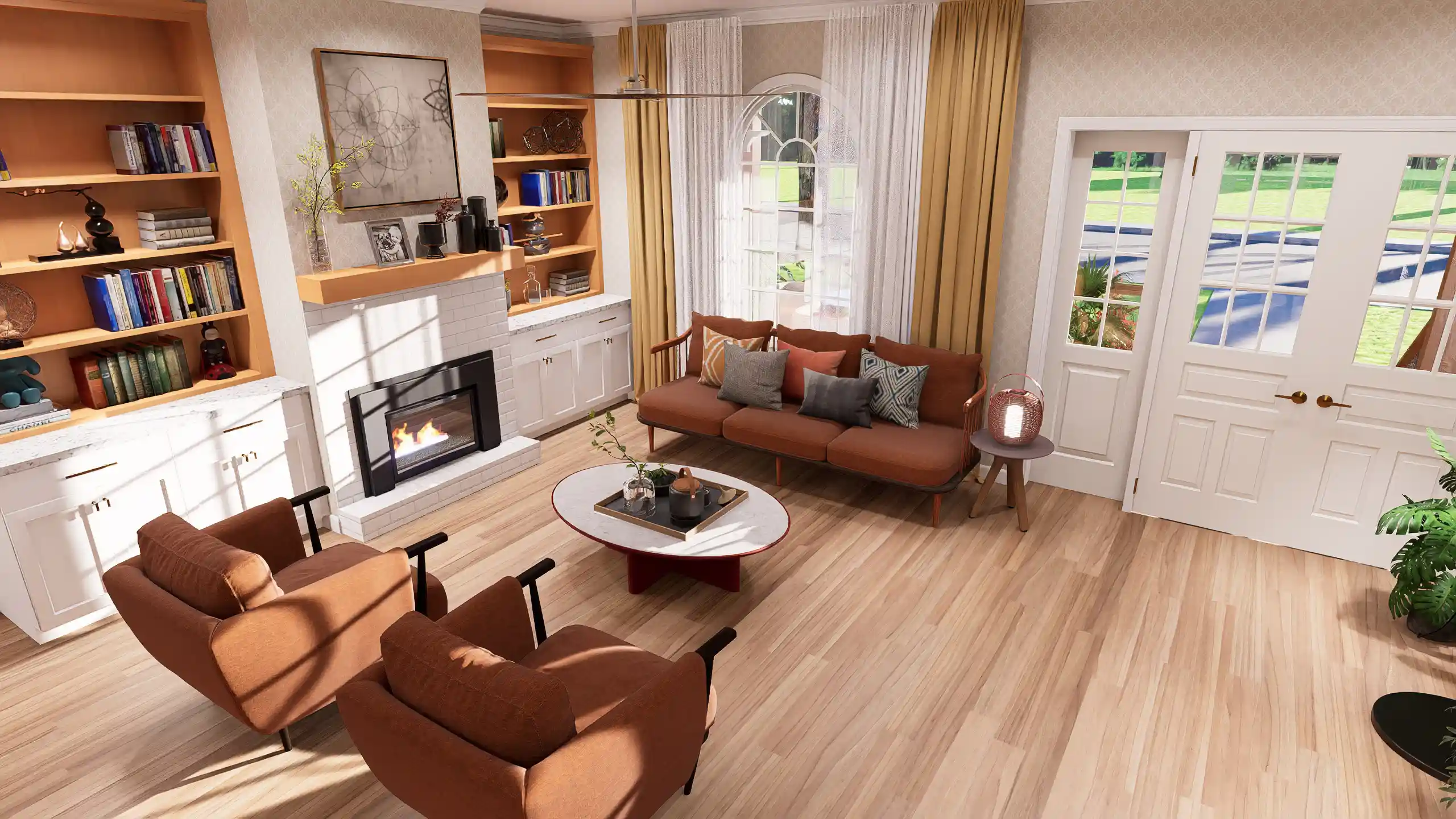 Mid-century modern living room interior rendering featuring burnt orange armchairs, a large gallery wall with botanical prints, and a stylish black arched floor lamp