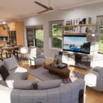 Open concept living area plan with a fireplace for a two-story craftsman style home