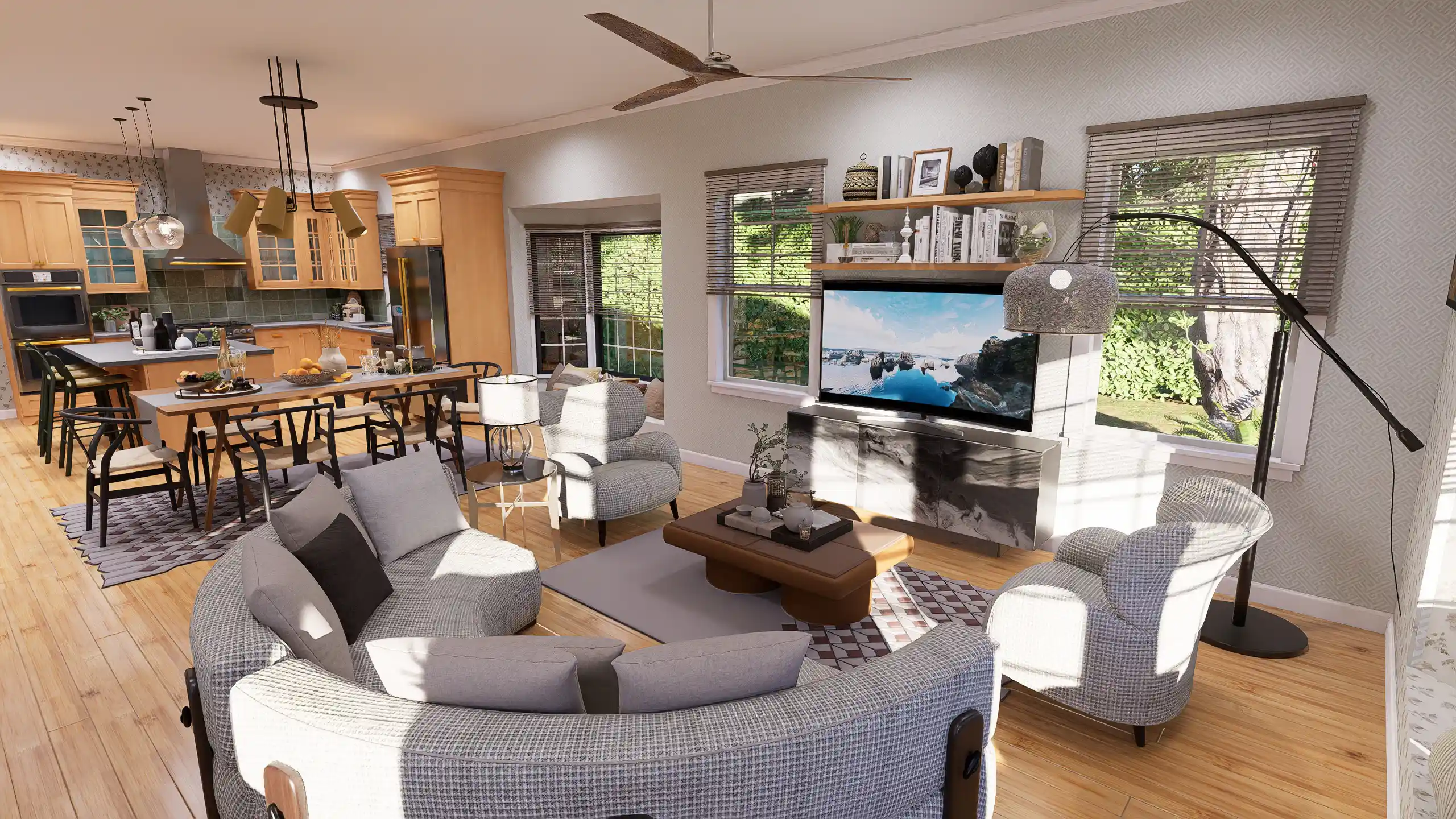 Open concept living area plan with a fireplace for a two-story craftsman style home